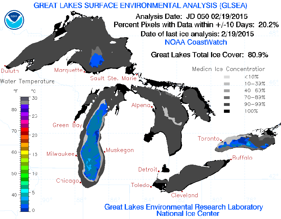 Great Lakes ice coverage, Feb. 20, 2015
